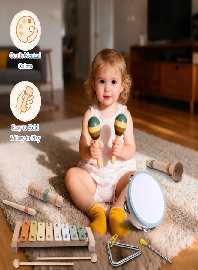 Liangding Baby Musical Instruments Set - Montessori Wooden Musical Toys for Kids Ages 1-3, Neutral Colors Modern Boho Percussion Set with Xylophone, Tambourine & Guiro, Preschool Educational Music Toys (12PCS) - Image 3
